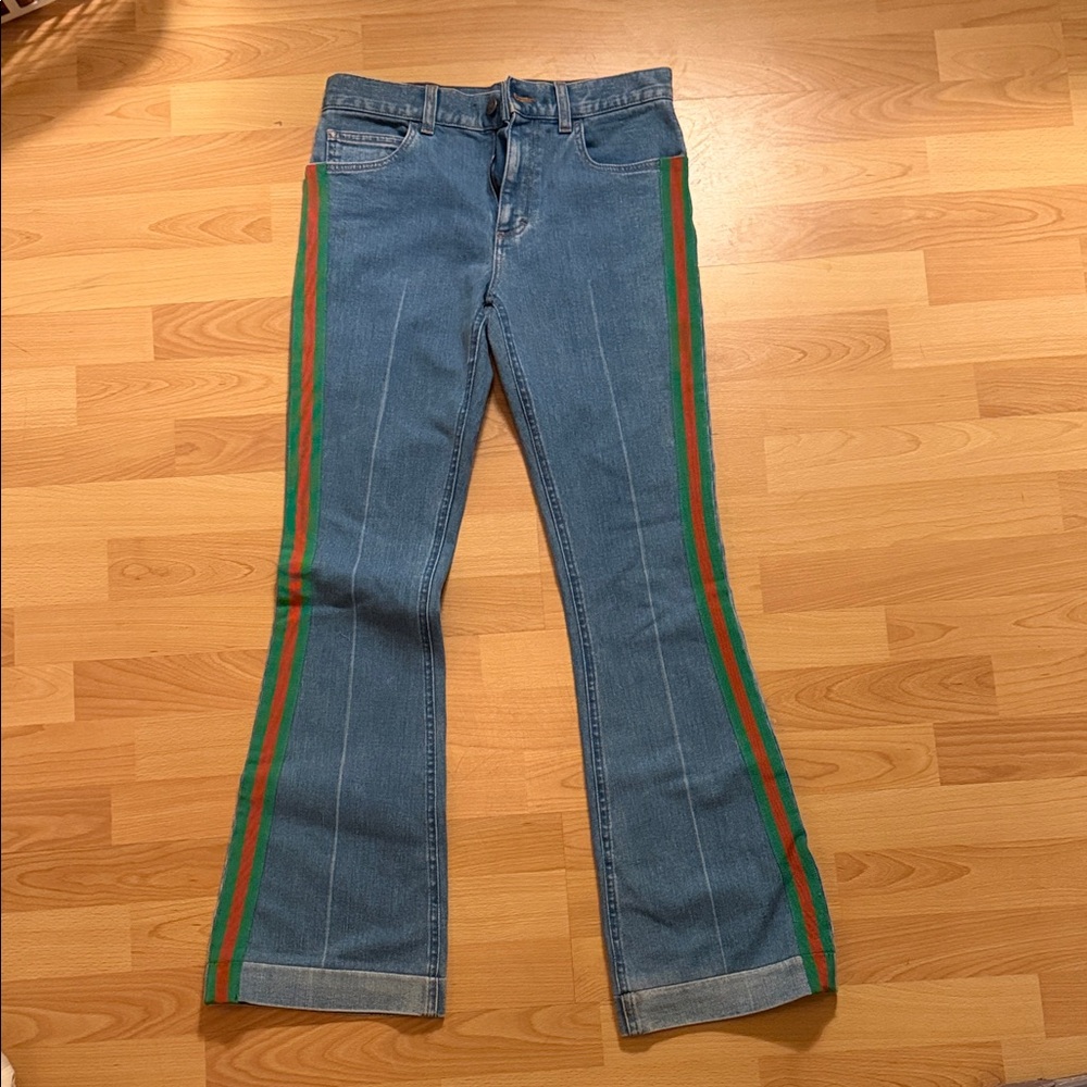 Gucci Blue Flare Jeans with Green and Red Stripes